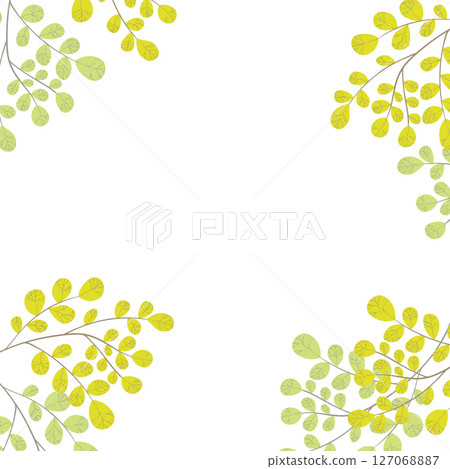 Floral frame with colorful exotic branches on white background. Ornate border with tropic leaves. Vector stock illustration for wallpaper, posters, card. Doodle style. Copy space 127068887
