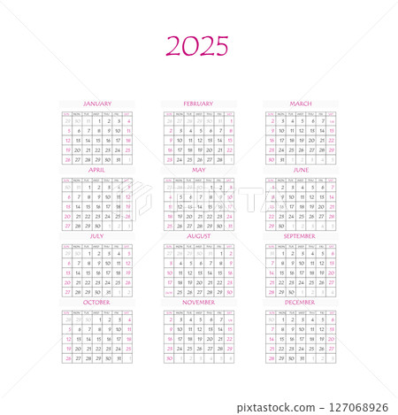 2025 calendar planner. Corporate week. Template layout, 12 months yearly, white background. Simple design for business brochure, flyer, print media, advertisement. Week starts from Monday 2025 calendar planner. Corporate week. Template layout, 12 months yearly, white background. Simple design for business brochure, flyer, print media, advertisement. Week starts from Monday 127068926