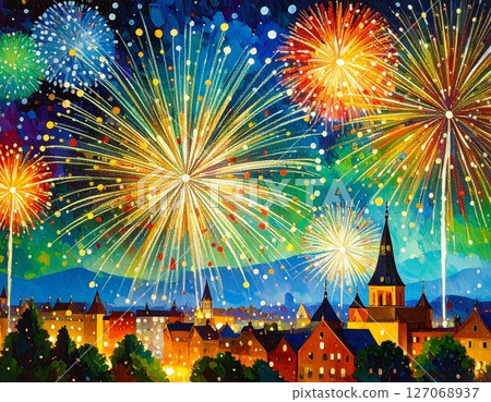 Fireworks floating in the night sky illustration 127068937