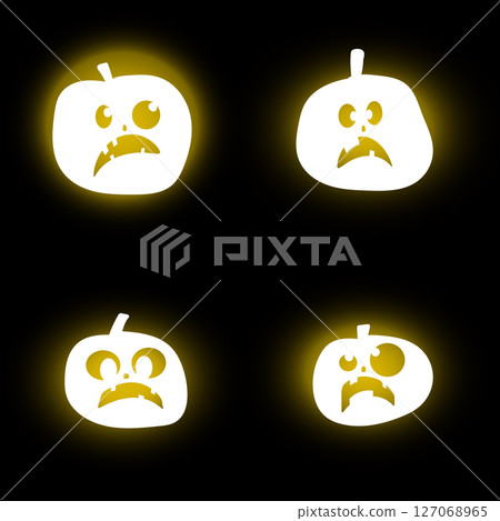 Set of glowing halloween pumpkins. Scary and funny faces. Cute Pumpkin or ghost. Vector autumn holidays illustration 127068965