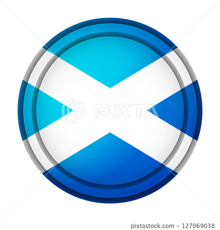 Glass light ball with flag of Scotland. Round sphere, template icon. Scottish national symbol. Glossy realistic ball, 3D abstract vector illustration highlighted on a white background. Big bubble 127069038