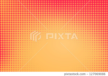 Pop art colorful comics book magazine cover. Polka dots red and orange background. Cartoon funny dotted retro pattern. Vector halftone illustration. Template design for poster, card, flyer 127069086