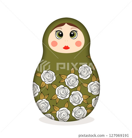 Russian Matryoshka. Traditional Russian folklore dolls with big eyes and lips. Babushka doll with hohloma, traditional painted floral pattern. Hand drawn vector illustration Russian Matryoshka. Traditional Russian folklore dolls with big eyes and lips. Babushka doll with hohloma, traditional painted floral pattern. Hand drawn vector illustration 127069191