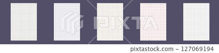 Grid paper set. Realistic blank lined paper sheet in A4 format. Squared background with color graph. Geometric pattern for school, wallpaper, textures, notebook. Lined blank on transparent background Grid paper set. Realistic blank lined paper sheet in A4 format. Squared background with color graph. Geometric pattern for school, wallpaper, textures, notebook. Lined blank on transparent background 127069194