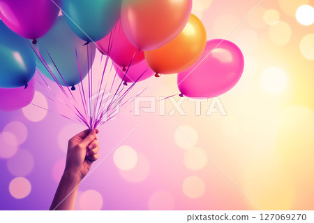 Colorful Balloons Held Up Against a Retro Background with Vintage Instagram Filter Effects 127069270