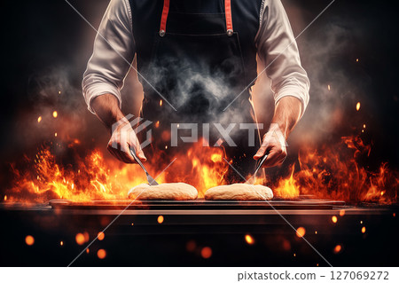 Male Baker Kneading Dough in Flames with Passion for Artisan Bread in Bakery Atmosphere Male Baker Kneading Dough in Flames with Passion for Artisan Bread in Bakery Atmosphere 127069272