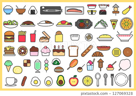 用於食品和飲料相關用途的食物圖標材料 帶有主線的顏色 127069328