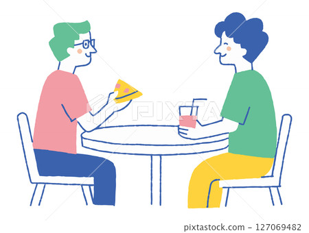 Man eating pizza at food court_color 127069482