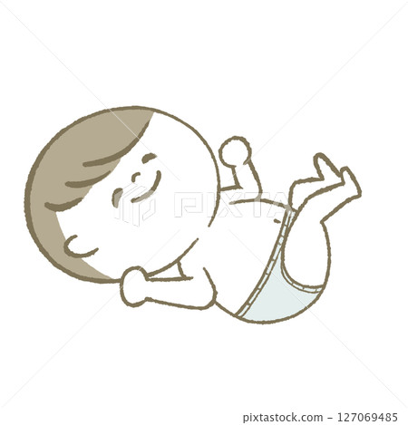 Baby in diaper lying down smiling 127069485