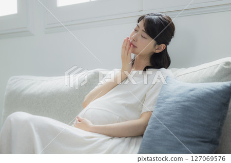 pregnant woman in the living room 127069576