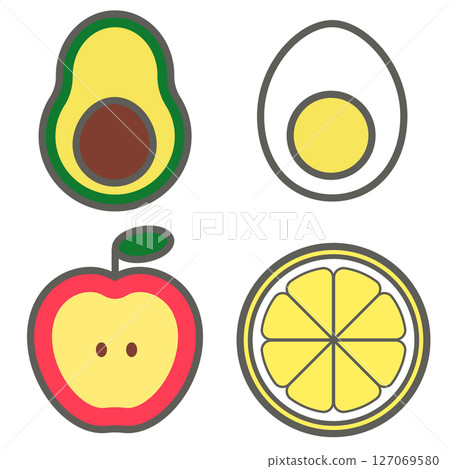 Avocado, boiled egg, apple, lemon, citrus cross section icon set Avocado, boiled egg, apple, lemon, citrus cross section icon set 127069580