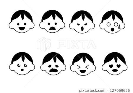 Children's facial expression icon set (boys, monochrome) 127069636