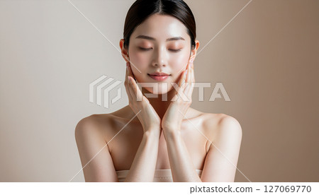 一名二十多歲的日本女性正在檢查自己的皮膚 127069770