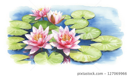 Watercolor illustration of water lilies floating in a pond 127069966