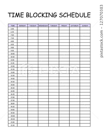 24 Hourly Weekly Schedule - Monday Start. Mockup for daily scheduling and time management. 30-minute increment hourly planner templates. Time Planner 24 Hourly Weekly Schedule - Monday Start. Mockup for daily scheduling and time management. 30-minute increment hourly planner templates. Time Planner 127070383