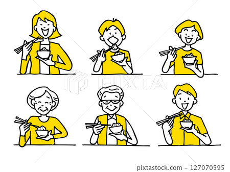 Illustration of a family eating rice with chopsticks 127070595