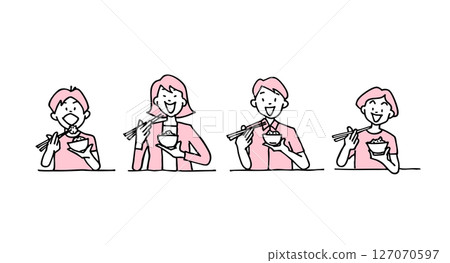 Illustration of a family eating rice with chopsticks 127070597