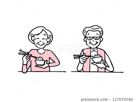 Senior couple eating rice with chopsticks 127070598