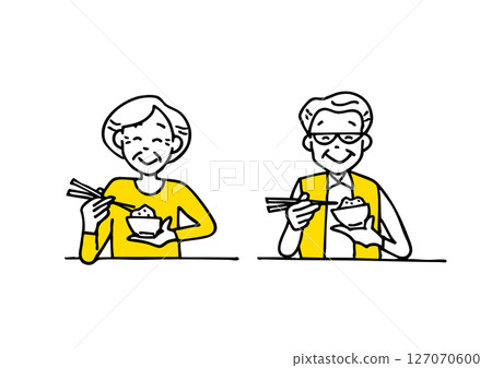 Senior couple eating rice with chopsticks Senior couple eating rice with chopsticks 127070600