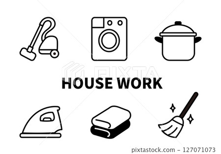 Housework icon set (cleaning, laundry, cooking, etc.) Black and white Housework icon set (cleaning, laundry, cooking, etc.) Black and white 127071073