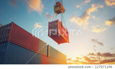Freight container being lifted by crane at sunset with stacked cargo containers in background, showing industrial shipping activity 127071266