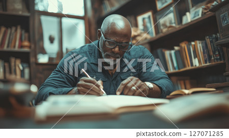 Man writing personal essay for his blog while surrounded by family photos and calming home elements in cozy library room 127071285
