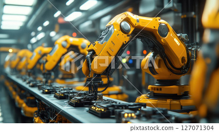 Robotic arm assembling electronic components on conveyor belt in modern factory with advanced technology and automation 127071304