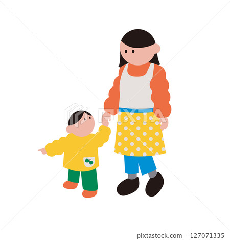 Illustration of a kindergarten or nursery school teacher holding hands and talking to a child Illustration of a kindergarten or nursery school teacher holding hands and talking to a child 127071335