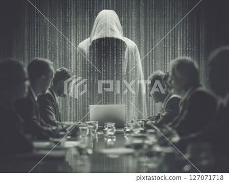 Hacker hooded figure behind laptop with business people in meeting room showing social engineering threat in cybersecurity 127071718