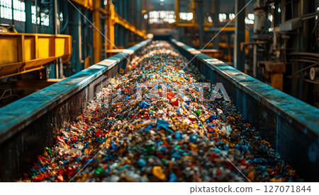vibrant pile of colorful recycled materials fills industrial conveyor 127071844