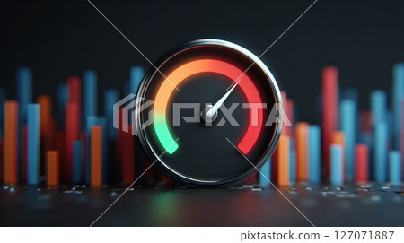 Speedometer with colorful bar chart background showing startup funding progress and seed capital finance for crowdfunding success 127071887