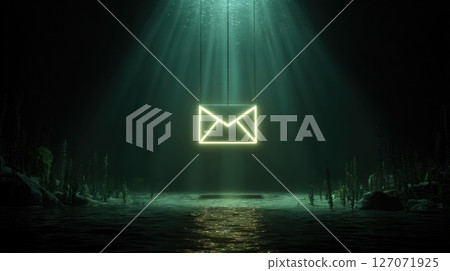 Glowing email icon underwater symbolizes phishing protection with light beams creating mysterious and secure digital environment 127071925
