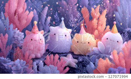 Kawaii cute fluffy creature party hat coral underwater fantasy adorable colorful sea life magical soft texture 127071994