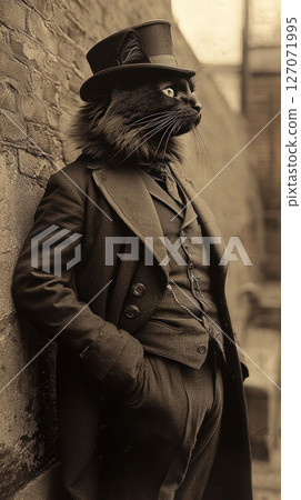 dapper Persian cat in vintage suit and top hat, exuding elegance and charm. This unique character stands confidently against textured wall 127071995