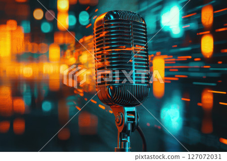 Vintage microphone with vibrant background lights representing podcast growth Vintage microphone with vibrant background lights representing podcast growth 127072031