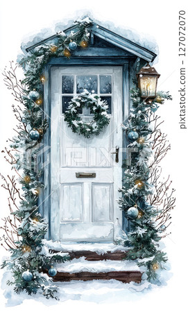 charming white door adorned with festive wreath, surrounded by snow and greenery, evokes cozy winter atmosphere 127072070