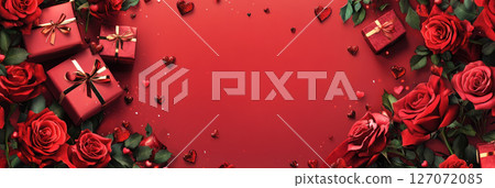 Luxurious red roses, gift boxes, and heart shaped confetti create romantic scene Luxurious red roses, gift boxes, and heart shaped confetti create romantic scene 127072085