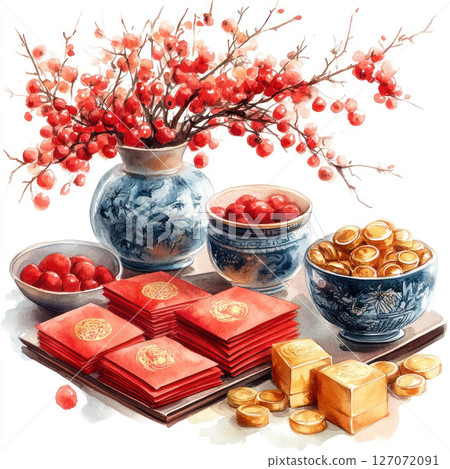 Vibrant watercolor painting featuring traditional Lunar New Year elements, including red envelopes, gold ingots, and decorative flowers, symbolizing prosperity and celebration Vibrant watercolor painting featuring traditional Lunar New Year elements, including red envelopes, gold ingots, and decorative flowers, symbolizing prosperity and celebration 127072091