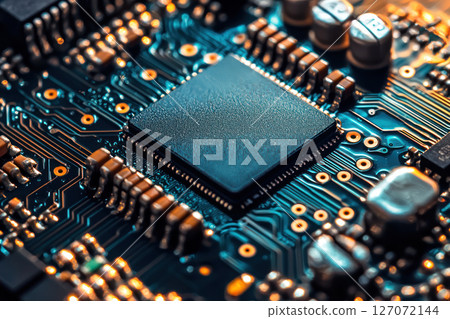 Close up of microchip on circuit board with intricate details, glowing connections, and futuristic vibe, perfect for technology themes 127072144
