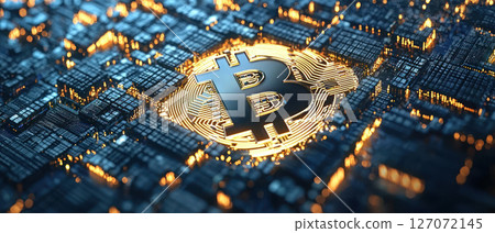 close up of Bitcoin symbol surrounded by digital circuits, representing cryptocurrency technology and blockchain innovation 127072145