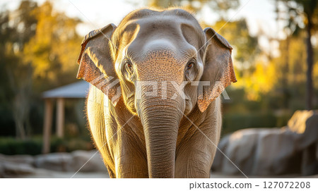 Close up portrait of wise old elephant with deep eyes and textured skin illuminated by soft morning light in natural setting 127072208