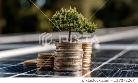 Small tree growing on stacked coins with solar panel background symbolizing sustainable finance and eco friendly investment growth 127072267
