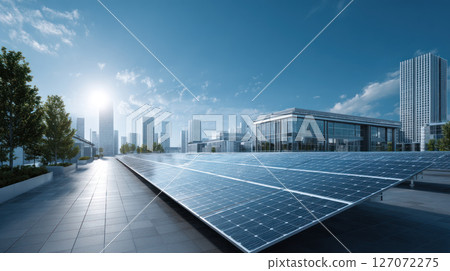 Solar panels on rooftop under clear blue sky with modern city buildings in background, highlighting clean energy and sustainability Solar panels on rooftop under clear blue sky with modern city buildings in background, highlighting clean energy and sustainability 127072275