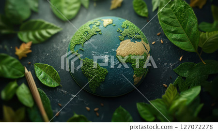Green leaves surround textured globe with continents made of moss and sand, symbolizing nature and environmental care in peaceful setting 127072278