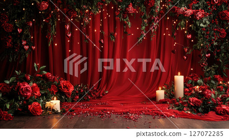 Festive red fabric backdrop with soft folds, romantic ambiance, and candles 127072285