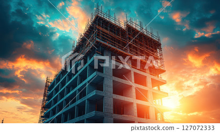 construction site showcasing nearly completed building under dramatic sunset. scaffolding and clouds create striking visual construction site showcasing nearly completed building under dramatic sunset. scaffolding and clouds create striking visual 127072333