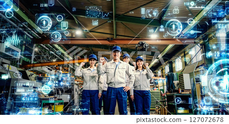 Group of workers in factory with digital technology concept Group of workers in factory with digital technology concept 127072678