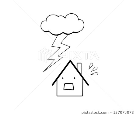 A simple monochrome illustration of a house in a panic after being struck by lightning 127073078