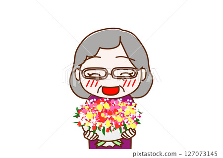 （上半身正面圖）一位老婦人微笑著，試圖將一束花送給某人 127073145