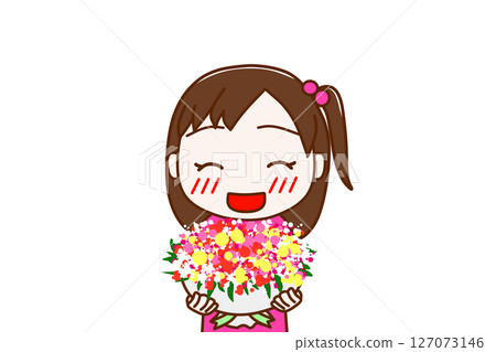 (Front view of upper body) A girl smiling and trying to give a bouquet of flowers to someone (Front view of upper body) A girl smiling and trying to give a bouquet of flowers to someone 127073146